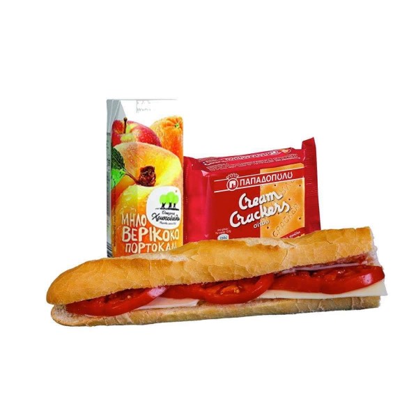 Μπαγκέτα Πολυτελείας με γαλοπούλα βραστή, τυρί ένταμ και ντομάτα, χυμός Χριστοδούλου τρία φρούτα 250ml,  Cream Crackers σίτου Παπαδοπούλου 43g
